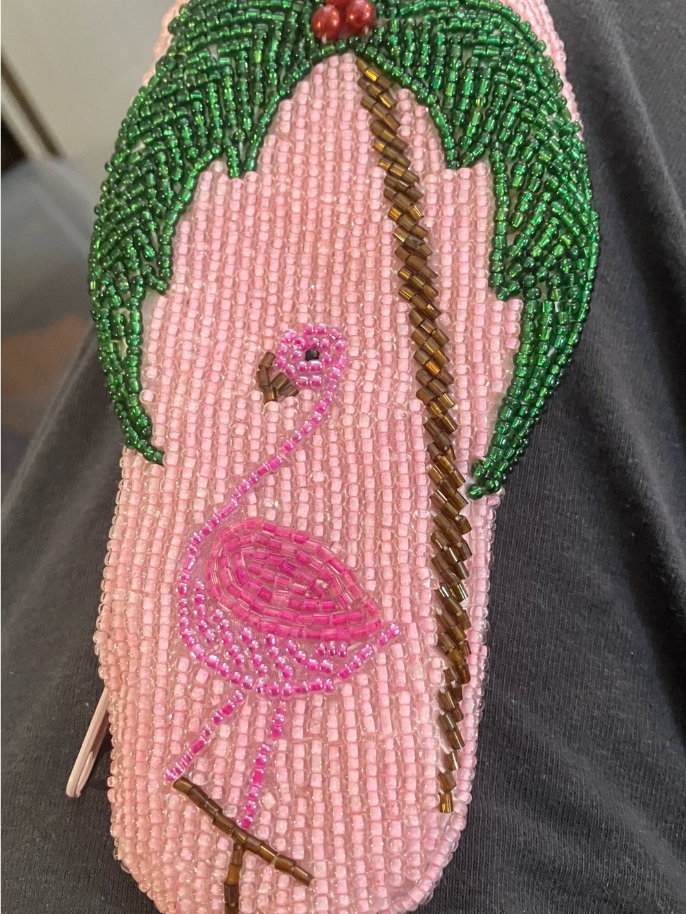 Vintage ornately, beaded, palm tree, flamingo, zippered, tiny purse change g